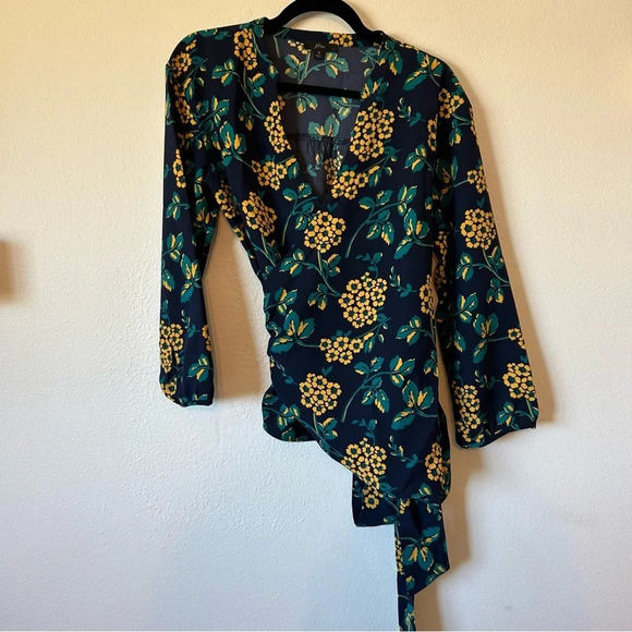 J. Crew Navy Blue Yellow Floral Wrap Long Sleeve Blouse M - Picture 2 of 6